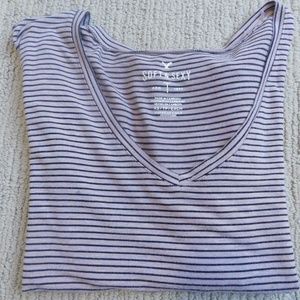 American Eagle Short Sleeve XS Pink Striped V neck